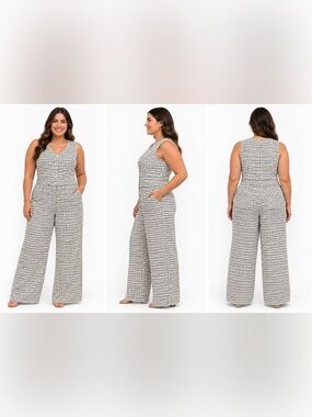 Anewsta Tweed Wide Leg Jumpsuit XL Pearl Buttons